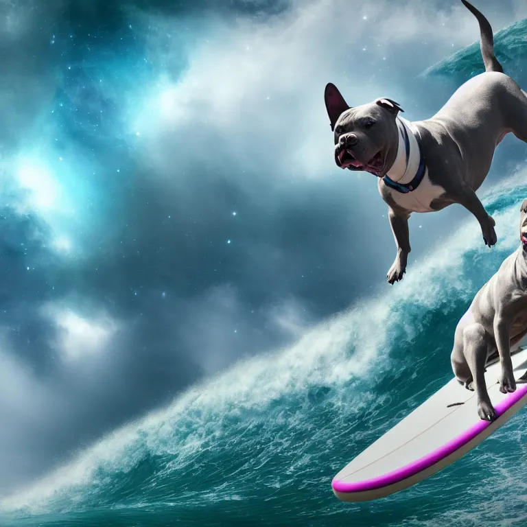 Image similar to photo of a gray coat pit bull with white paws, surfing on a surfboard in a crashing wave of alien ocean in space, background is an alien galaxy, aliens in the background, alien colors, octane render, unreal engine, wide view, 8 k, high detaild