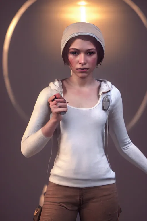 Image similar to hyperrealistic 16K octane render of April the young female character from videogame Dreamfall Chapters, photorealistic full body, white ambient background, unreal engine 5, hyperrealism, highly detailed, XF IQ4, 150MP, 50mm, F1.4, ISO 200, 1/160s, natural light, Adobe Lightroom, photolab, Affinity Photo, PhotoDirector 365, ultra realistic