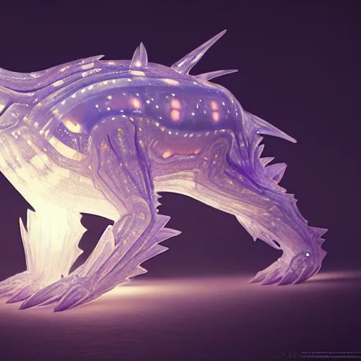 Prompt: ( ice pokemon ) creature creature in a alaska, bioluminescent bioluminescent translucent translucent : : by michal karcz, daniel merriam, victo ngai and guillermo del toro : : ornate, dynamic, particulate, intricate, elegant, highly detailed, centered, artstation, smooth, sharp focus, octane render, 3 d