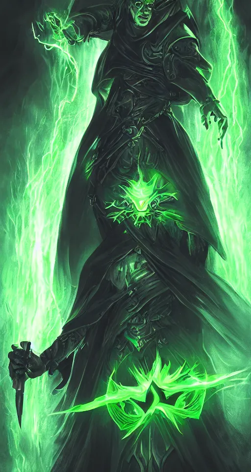 Image similar to illustration of dark priest holding green lightning, black halo, evil, power, green mist, scary, photorealistic, unreal engine, hellish background , Mtg , Dnd ,