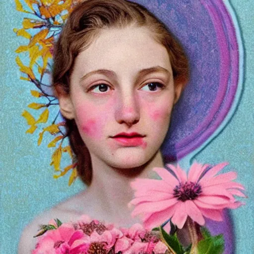 Image similar to a lot of flowers morphing in a beautiful girls face, film still by wes anderson, depicted by balthus, limited color palette, very intricate, art nouveau, highly detailed, lights by hopper, soft pastel colors, minimalist