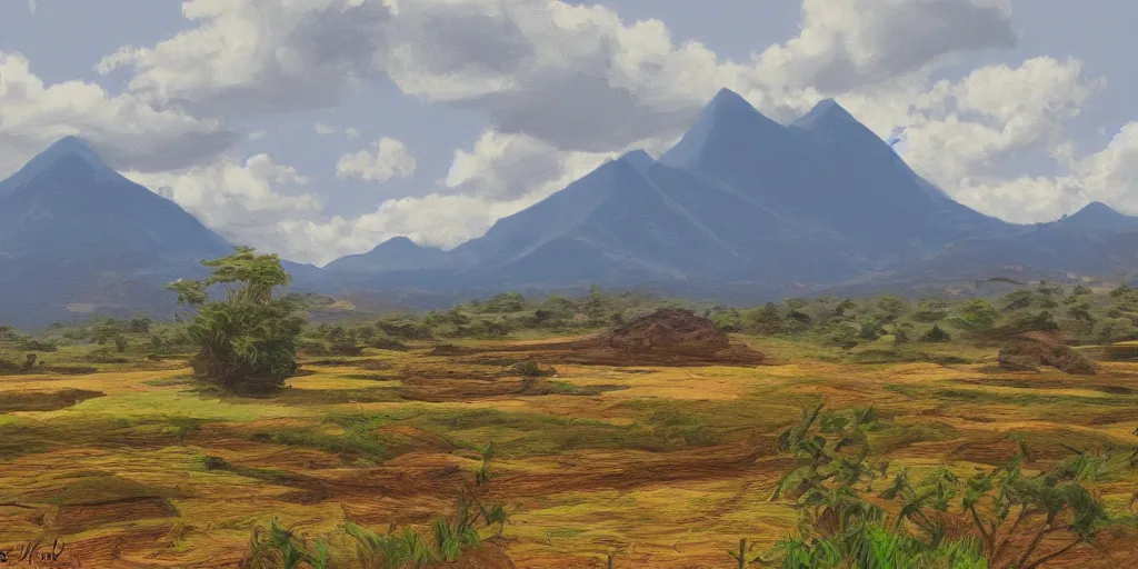 Image similar to Malagasy landscape in the early morning, digital painting, highly detailed