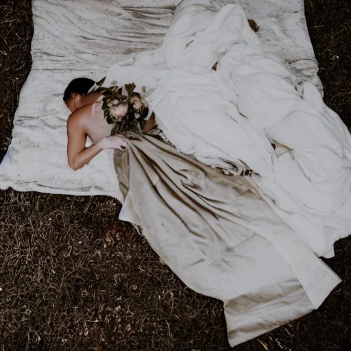 Image similar to a bedroom floor with a wedding dress discarded in a heap and a suit on the floor