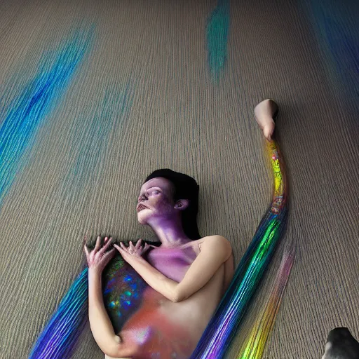 Prompt: overhead view of iridiscent oil slick and weird machines in wax with a woman's corpses with transparent pipes to a baby buried relaxing on yoga mat, faded, multicolored gradient, fog, smoke, depth of field, ultra realistic, very detailed, glitch, by nadav kander, matthew barney, 8 k hyper realistic detailed cinematic