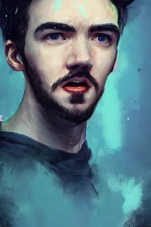 Image similar to a fancy portrait of the Irish YouTuber Seán William McLoughlin also known as jacksepticeye by Greg Rutkowski, Sung Choi, Mitchell Mohrhauser, Maciej Kuciara, Johnson Ting, Maxim Verehin, Peter Konig, 8k photorealistic, cinematic lighting, HD, high details, atmospheric,