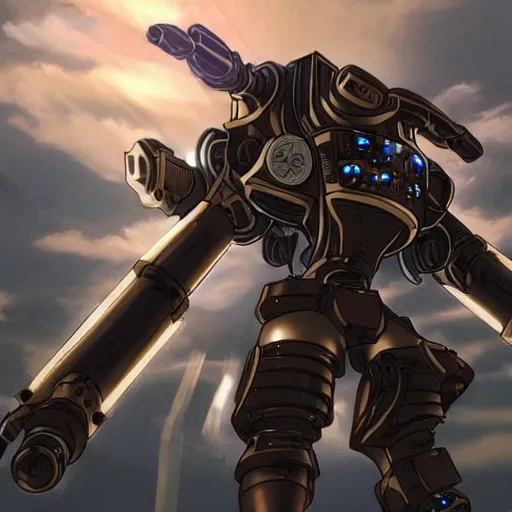 Prompt: a steampunk mech - suit that can shoot lazers, anime, plain background, cinematic lighting, finely detailed,