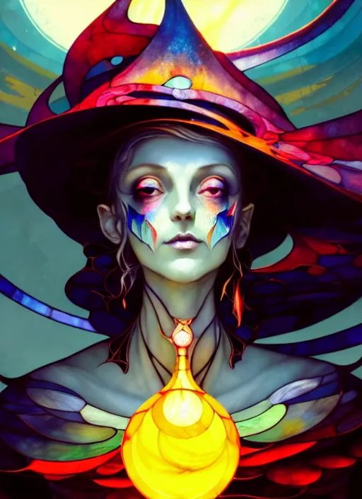 Prompt: close up picture of a beautiful and cute and aesthetic witch making the portion made of stained glass, model pose, bright color, sun shining through, sharp focus, highly detailed face, specular reflection, art by anato finnstark and lecouffe deharme and pete mohrbacher and quentin mabille and frank moth, fantasy illustration, epic light novel cover art