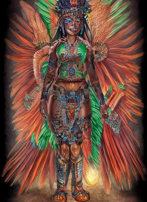Image similar to character design, full body view, head to feet view, beautiful aztec warrior, muse goddess, crown of very long quetzal feathers, glowing aztec tattoos, pretty, dark fantasy