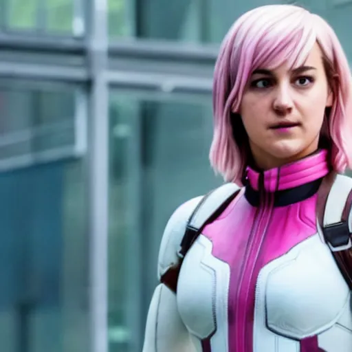 Prompt: A still of Shailene Woodley as Gwenpool in Deadpool 3 (2023), blonde hair with pink highlights, no mask