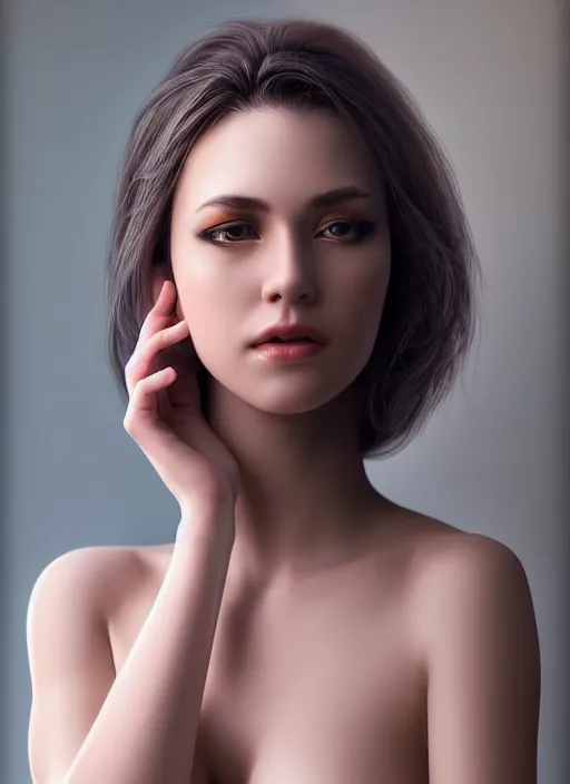 Image similar to high angle photo of a gorgeous young woman in the style of stefan kostic, realistic, 1 / 2 body shot, 8 5 mm art lens, f 1. 2, sharp focus, 8 k high definition, insanely detailed, intricate, elegant, art by stanley lau and artgerm