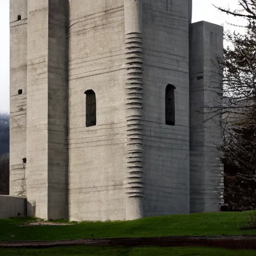 Image similar to a giant castle built in brutalist architecture, diverse unique building geometry full of shapes and corners, with a smaller base than the top of the tower, slowly growing in width as we get higher