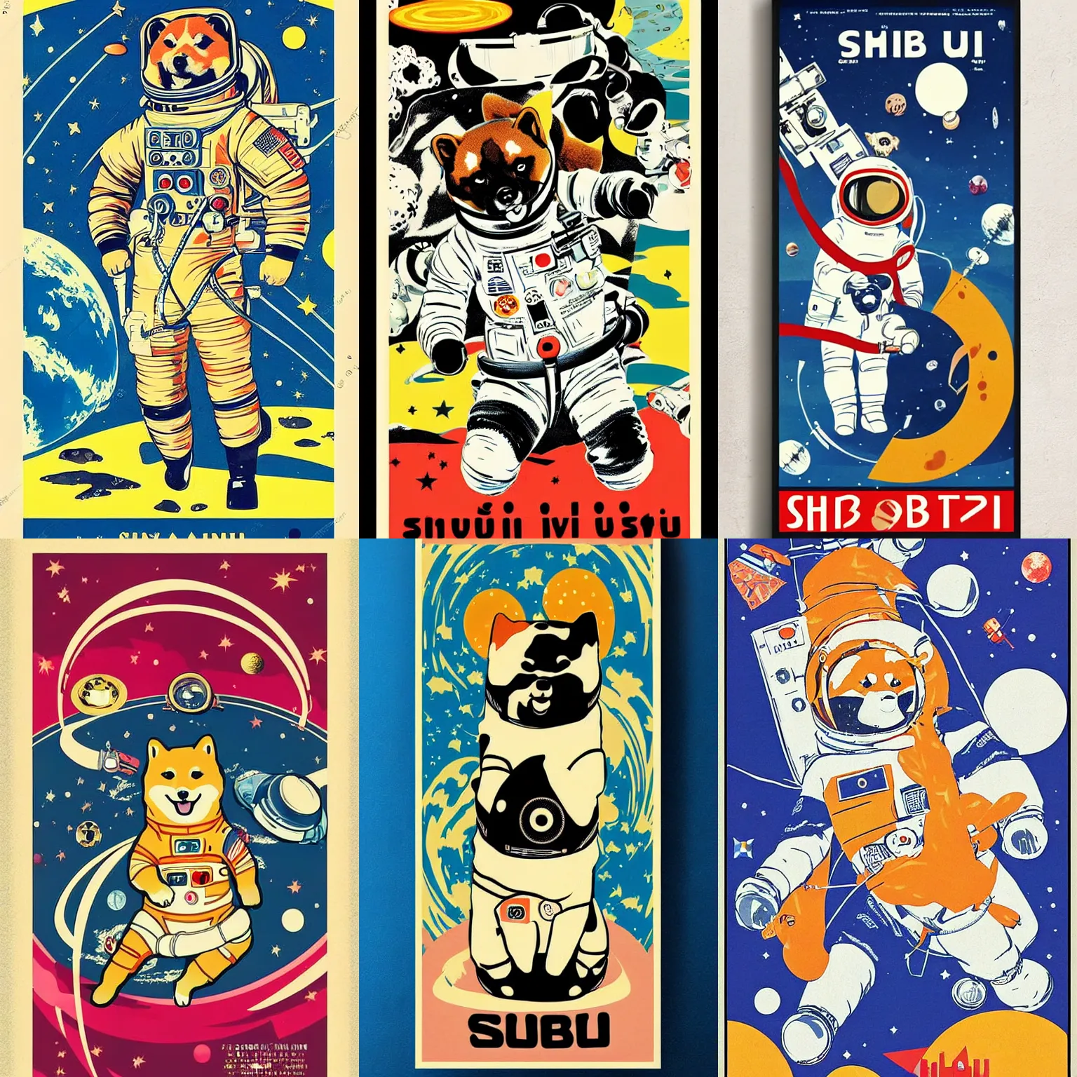 Prompt: Shiba Inu cosmonaut, space walk, 60s poster, in the style of a music poster 1969