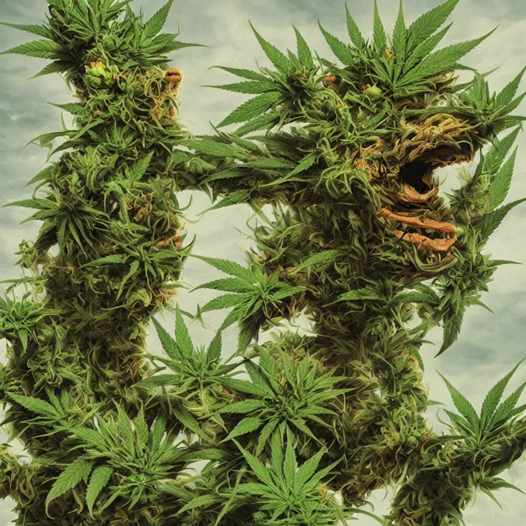 Image similar to a hyperrealistic Cannabis Monster