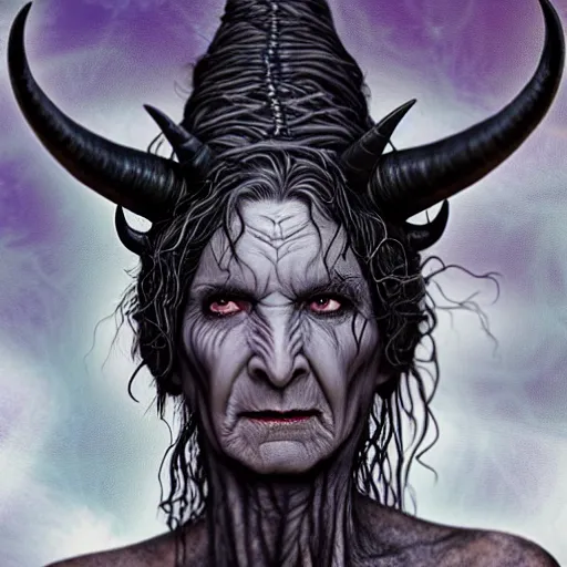 Image similar to head and shoulders portrait of an evil, black - skinned, horned night hag portrayed by olympia dukakis, d & d, fantasy, luis royo, magali villeneuve, donato giancola, wlop, krenz cushart