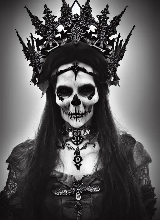 Image similar to skull queen with an origami crown, hints of silver jewelry, gothic, eerie, intricate detail, dramatic lighting, mist, grey, 4k