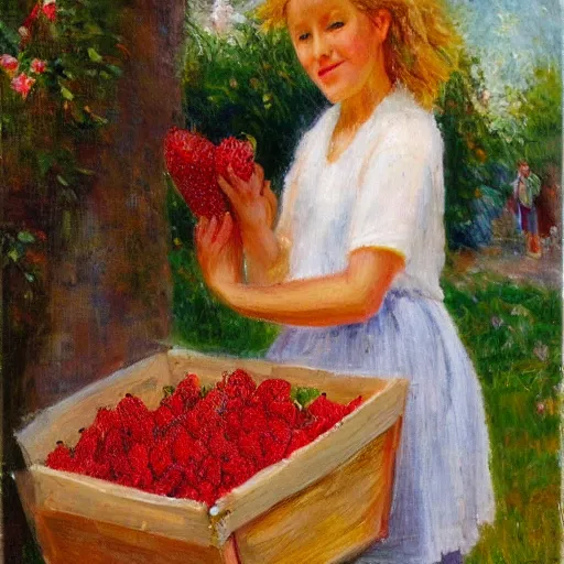 Prompt: Cute Blonde Girl with locks sells Strawberries in a fruit stand, oil on canvas, Impressionism