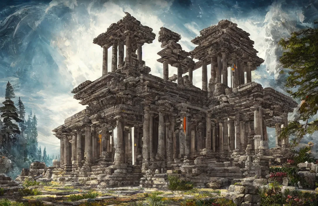 Image similar to a beautiful painting of a ancient temple on another world by sandra chevrier | wide angle | unreal engine :. 3