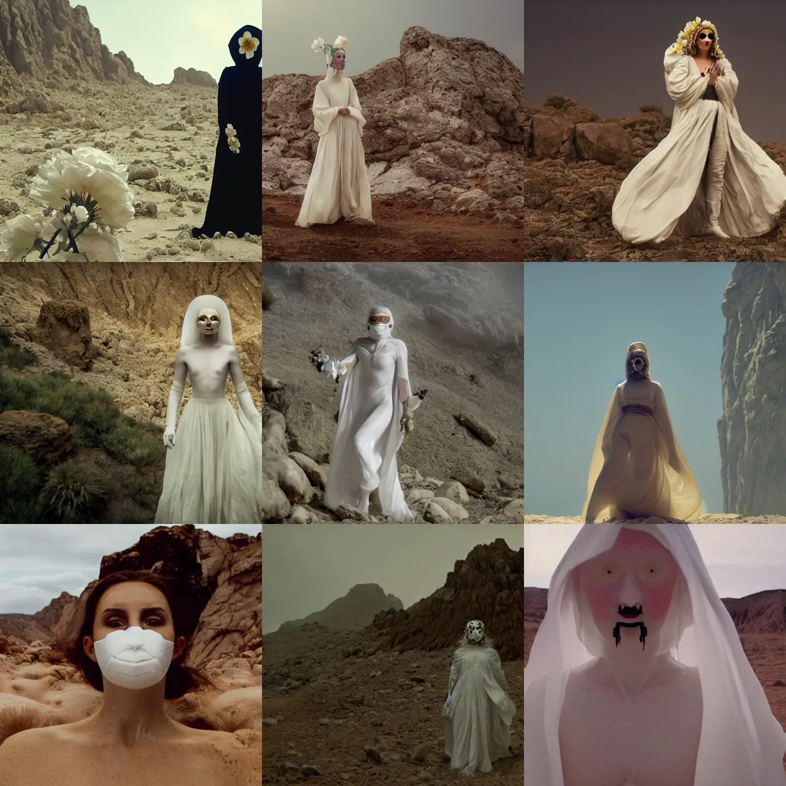 Prompt: The full body shot of beautiful pale witch with a white flower and full-face golden mask in a rocky desert, multiple eyes by Denis Villeneuve, Lubezki, Gaspar Noe, Darren Aronofsky, Guillermo del Toro and Christopher Doyle, anamorphic lens, anamorphic lens flares, kodakchrome, cinematic composition, practical effects, award winning photo, 8k