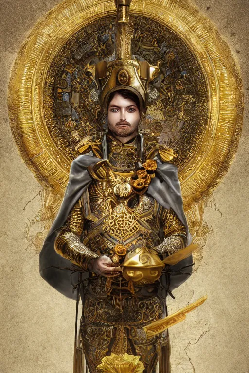 Image similar to hyperdetailed matte illustration of a knight wearing an ornate gold headpiece and holding a flower with a map of the collective subconscious in the background by octane render