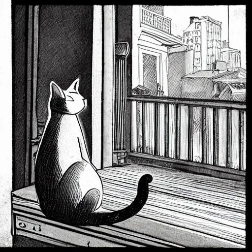 Image similar to a cat resting peacefully on a city balcony, old cartoon