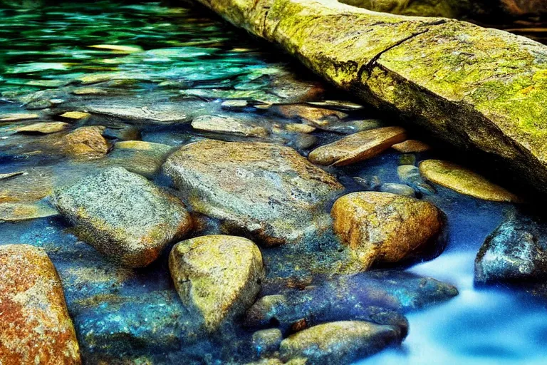 Image similar to water, stone, forest, fantasy, painting, ultra realistic!!!, clear weather, golden hour, sharp focus