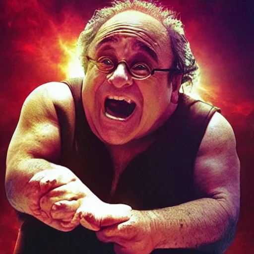 Image similar to “danny devito as god fighting danny devito as satan, dramatic”