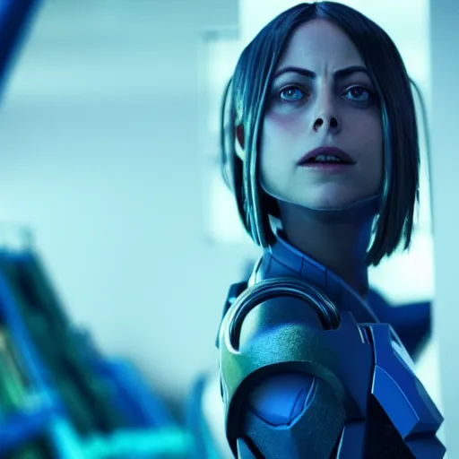 Prompt: film still of !!Willa Holland!! as !!!!!pale blue-skinned!!!!! Cortana, as in Halo 4, in a new Halo movie, 4k