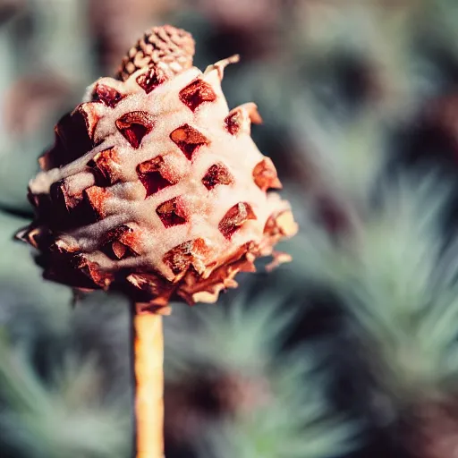 Image similar to a photograph of a strawberry chip ice cream cone, with a cone made from a pinecone. shallow depth of field, fine textured detail.