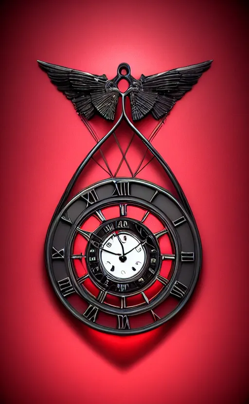 Image similar to a melting Roman numeral clock, behind a red and black gradient background, awith a black heart shaped on the top left corner and a black diamond card shape in the bottom right corner, dynamic lighting, photorealistic fantasy concept art, trending on art station, stunning visuals, cinematic, creative, ultra detailed