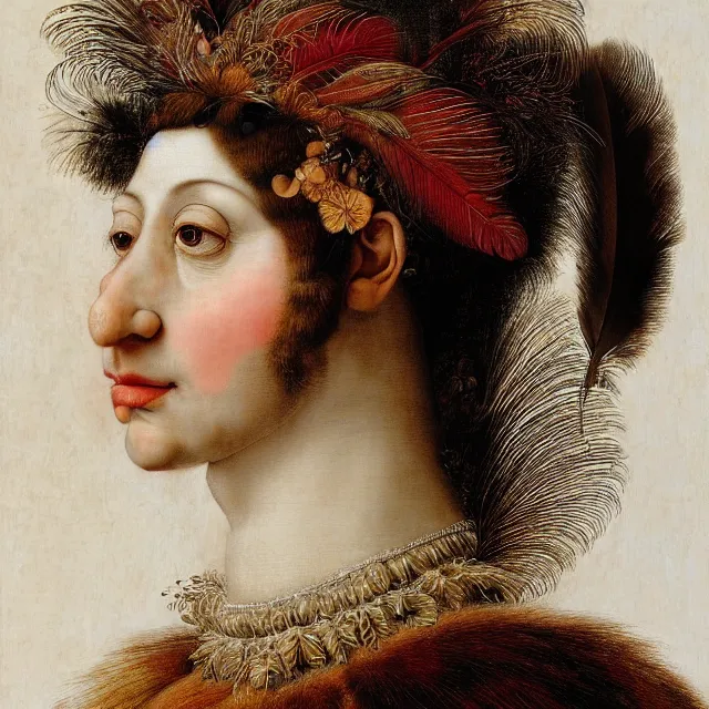 Image similar to a beautiful profile portrait of a beautiful contemporary female, various feathers, by giuseppe arcimboldo, photo realistic, realistic materials.