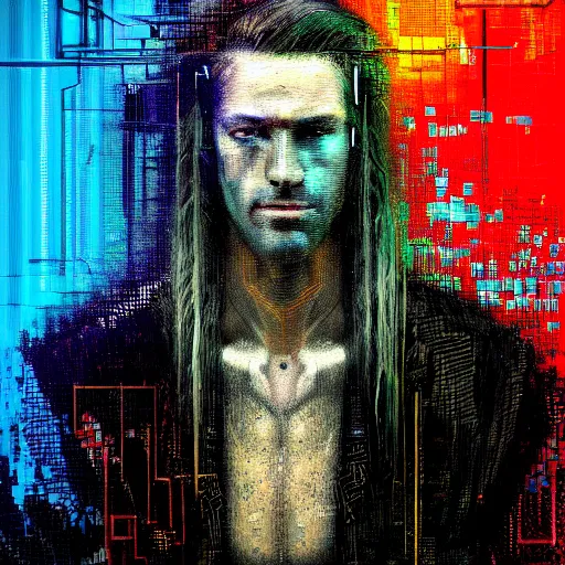 Prompt: hyperrealistic portrait of a cyberpunk man, long hair, by Guy Denning, Johannes Itten, Russ Mills, glitch art, hacking effects, glitch effects, digital tech effects, cybernetics, detailed lines, holographic, chromatic, color blocking!, front view, oil on canvas, octane, concept art, abstract, blue and black, 8k, cinematic, trending on artstation