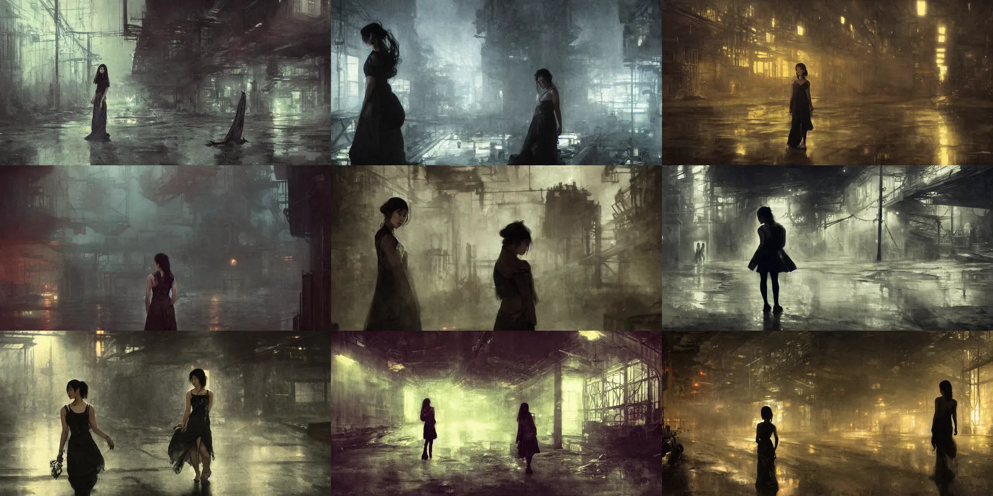 Prompt: distant beautiful young asian woman in abandoned industrial city at night, dark moody lighting, by jeremy mann and alphonse mucha, dramatic lighting, ethereal, stunning, breathtaking, awe - inspiring award - winning, 8 k