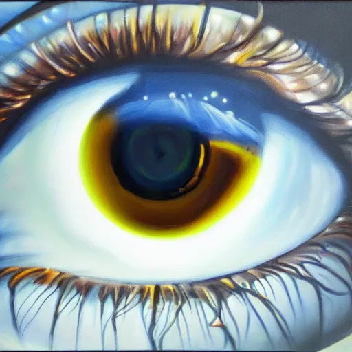 Image similar to a highly detailed photorealistic painting of a human eye reflecting outer space