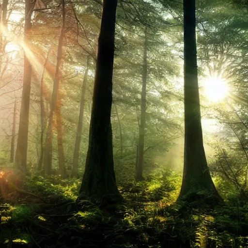 Prompt: misty forest scene, the sun shining through the trees