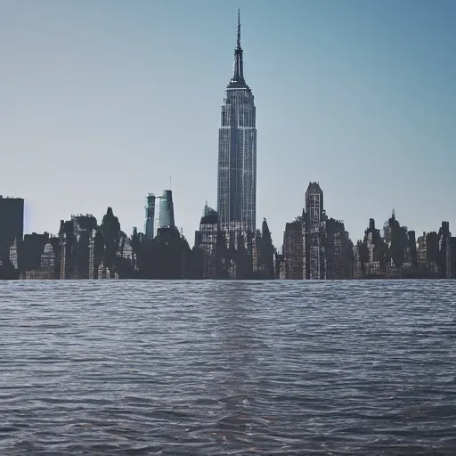 Prompt: flooded NYC with only the Empire State Building visible above the water