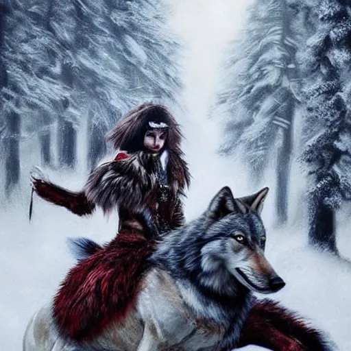 Prompt: a woman wearing wolf head pauldrons and a red wolf's fur warrior outfit, she is astride a great white horse, she has hunted recently, winter scene, hyper realistic, in the style of greg rutkowski, fantasy, amazing detail,