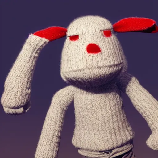 Prompt: woolen sock puppet from hell, missing an ear, big bobbly eyes, octane render, volumetric lighting, glow lights, sharp focus, clear focus, soft shadows, highly intricate, textures, 8 k, 4 k, cinematic pose, trending on artstation, deviantart, award winning, contest entry