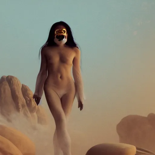 Image similar to The full body shot of beautiful pale woman with white flowers and full-face golden occult mask and glowing eyes in a rocky desert landscape, multiple eyes, thick smoke and fire around her, volumetric lighting, occult atmosphere, by Denis Villeneuve, Lubezki, Gaspar Noe and Alejandro Jodorowsky, anamorphic lens, anamorphic lens flares, kodakchrome, cinematic composition, practical effects, award winning photo, 8k, detailed 85mm f/1.4