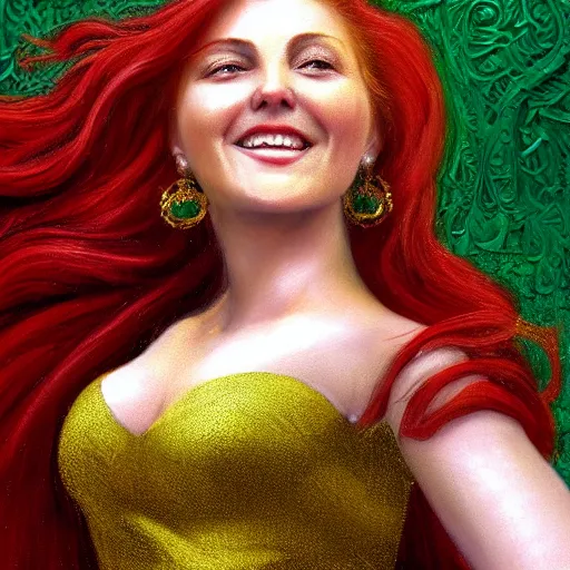 Prompt: Highly detailed painting of a beautiful young woman in front of a fabric background with red hair, smiling by Craig Mullins, Fabric texture, green dress, gold details, gemstones, Golden thread, emeralds, intricate details, intricate patterns 4k, 8k, HDR