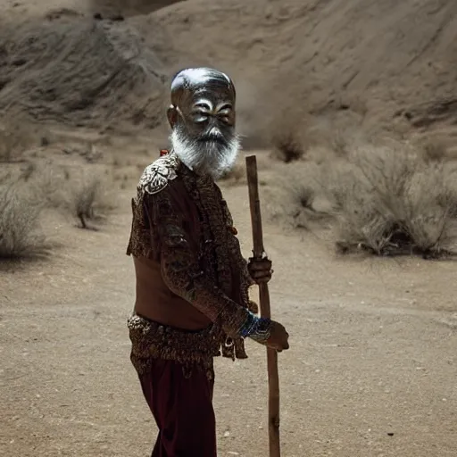 Prompt: floating old asian man with beard, his head covered in jewels, full face occult silver mask, glowing eyes, wearing a large carved wooden stick, smoke around him, in the dry rock desert, cinematic shot, wide angle, desert background, multiple eyes by Denis Villeneuve, Lubezki, Gaspar Noe and Christopher Doyle, Alejandro Jodorowsky, anamorphic lens, anamorphic lens flares, kodakchrome, cinematic composition, practical effects, award winning photo, 8k