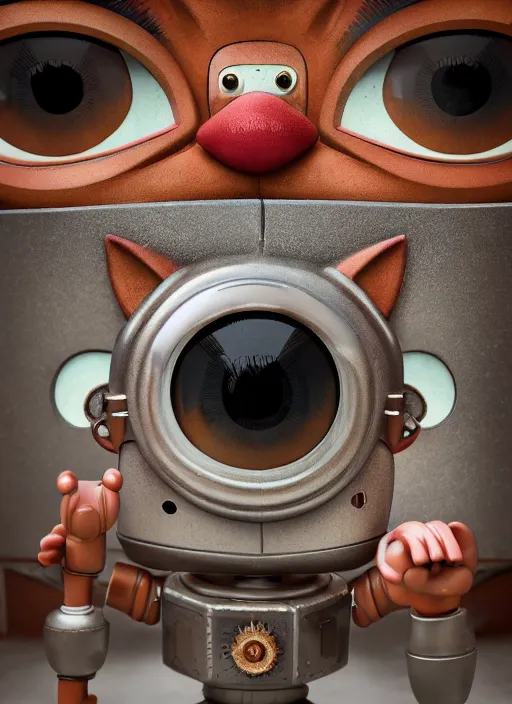 Image similar to closeup portrait of tin toy robot kitty trap, depth of field, zeiss lens, detailed, symmetrical, centered, fashion photoshoot, by nicoletta ceccoli, mark ryden, lostfish, breathtaking, 8 k resolution, extremely detailed, beautiful, establishing shot, artistic, hyperrealistic, octane render