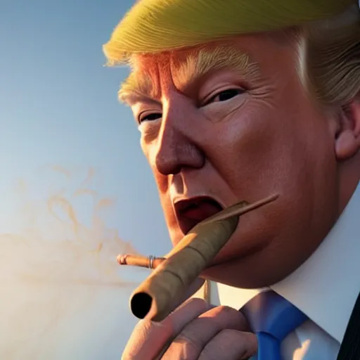 Image similar to a high quality photo of donald trump smoking a cigar, 3d scene, render, ultra realistic, artstation, cgsociety