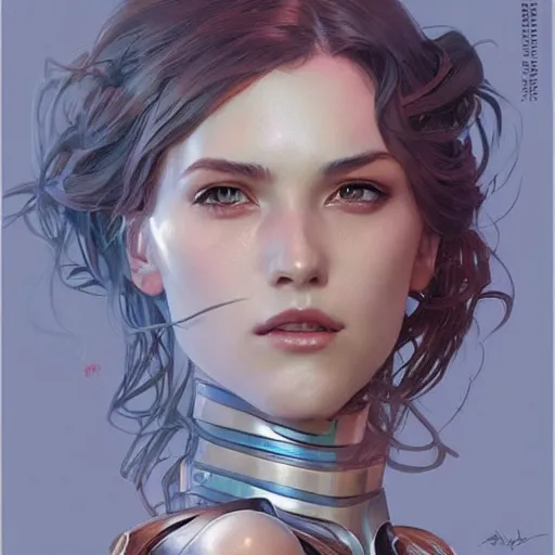 Image similar to female robot, incredibly detailed face, pretty face, true anatomy, art by artgerm and greg rutkowski and alphonse mucha