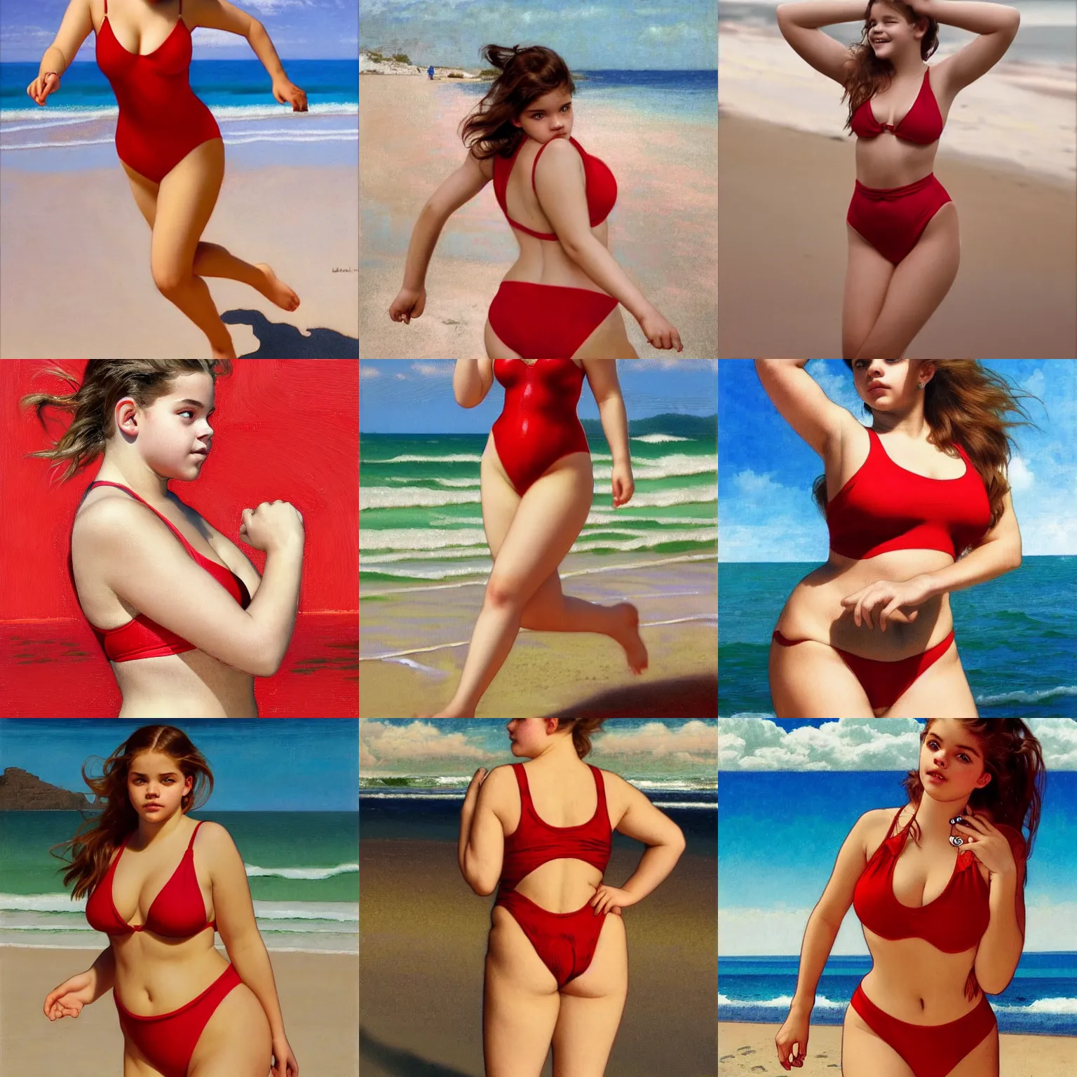 Prompt: portrait of cute young chubby barbara palvin in red swimsuit running on a beach, intricate, hyperdetailed, photorealistic, diffuse lighting, hdrp, artstation, unreal 5, smooth, textless, sharp focus, art by john collier, albert aublet, krenz cushart, artem demura, alphonse mucha