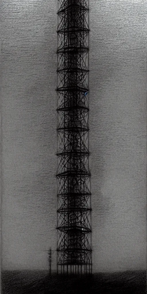 Image similar to A tower connected with cables, shining light, rays of light, by beksinski, shining light, high clouds, fog, Award winning, pencil drawing, masterpiece, detailed illustration