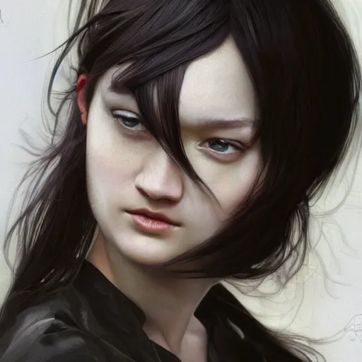 Prompt: portrait of a german teenage girl with glossy black hair, glowing skin, delicate features, gemma ward, stoya, fantasy, intricate, elegant, dress shirt, highly detailed, digital painting, artstation, concept art, smooth, sharp focus, illustration, art by Krenz Cushart and Artem Demura and alphonse mucha