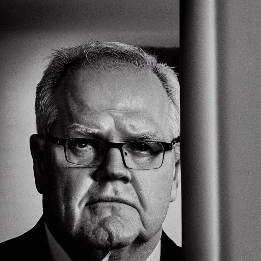 Image similar to ultrarealistic photo of former prime minister scott morrison lurking in the shadows in the style of film noir, wide angle, 8 k, raw, unedited, symmetrical balance, in - frame