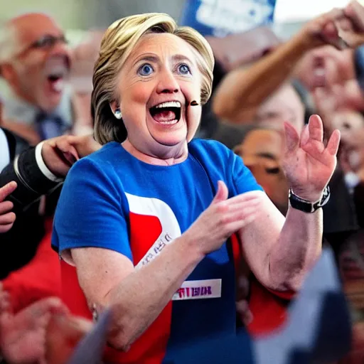 Image similar to hillary clinton running marathon screaming shouting hands in air