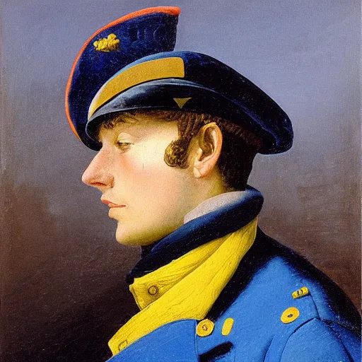 Prompt: an impasto oil painting of a soldier holding a colorful flower painted by caspar david friedrich, blue color scheme
