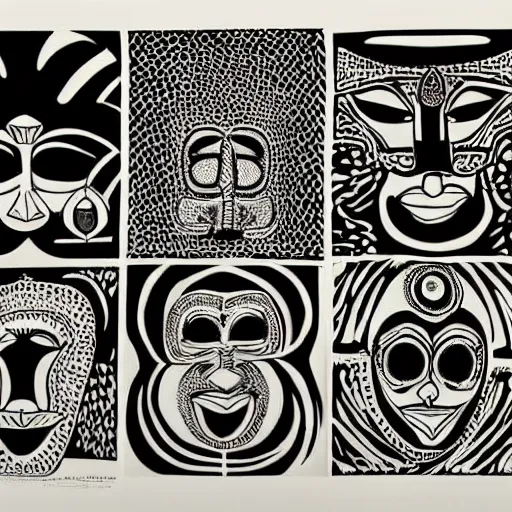 Image similar to A black and white screen print of gallery exhibition view from the 60s, anthropology, colonial, wild, exotic, masks, ethnography, screen printing